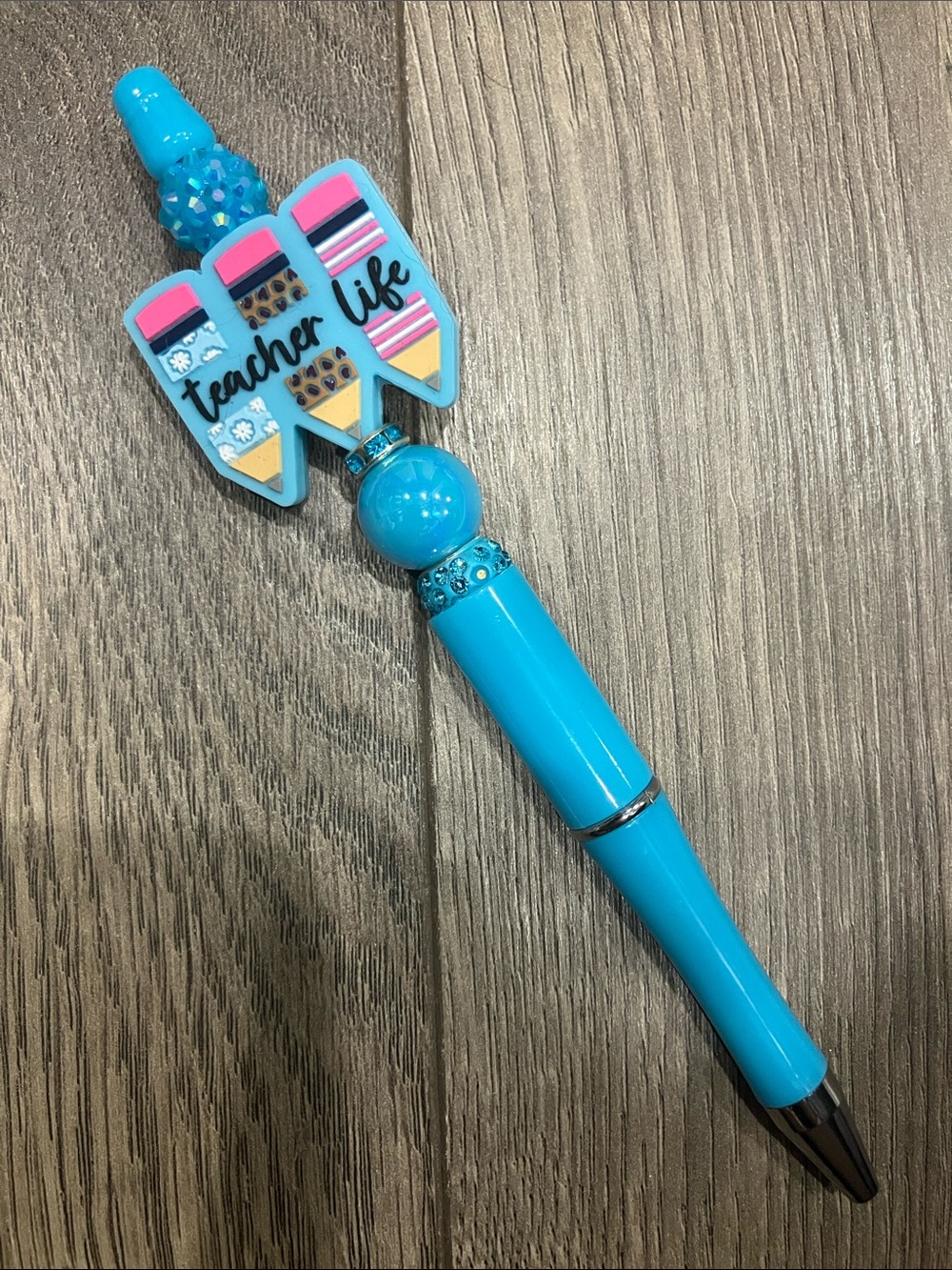 Hand Beaded “Teacher Life” Ballpoint Pen in Light Blue
